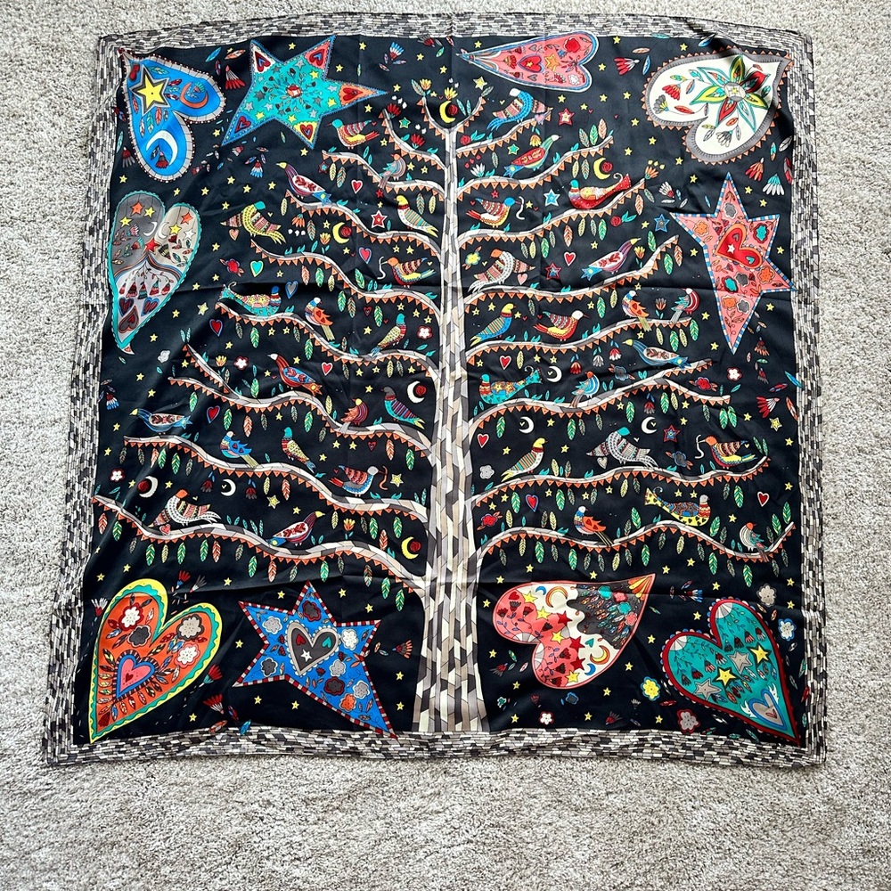 Ladies 36” in square scarf black with fun playful design/pattern